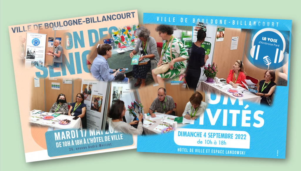 Salon des Séniors 17/05/22 et Forum des Activités 04/09/22 à Boulogne
Merci à la 20ne de Bénévoles qui ont tenu les stands VMEH-92 concernant :
- Visites aux patients à l'hôpital Ambroise Paré
- Visites aux résidents des Abondances/le Rouvray
- la radio "La Voix d'Ambroise Paré"